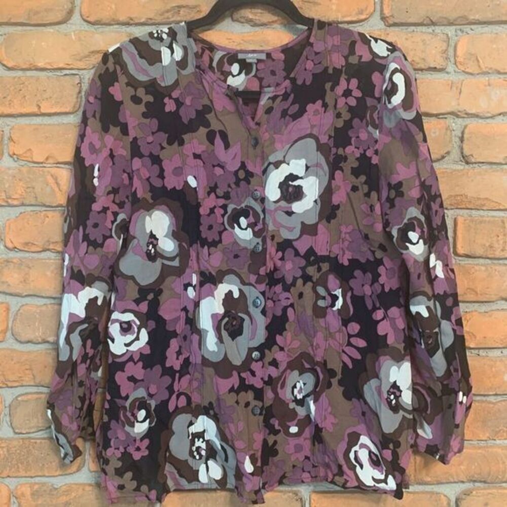 J.‎ Jill Top Women's Medium Petite Purple Floral Button Down Blouse Long Sleeve